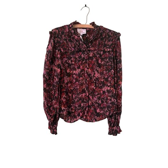 $228 Gilner Farrar XS Riley Ruffle Black Pink Print Blouse - Picture 1 of 4